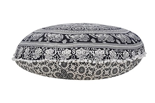 Runde Bodenkissen, Mandala Wurf Kissen- 32 „, Dekorative indische Puff, Große Ottoman, Pompon Außenkissenbezug - 3