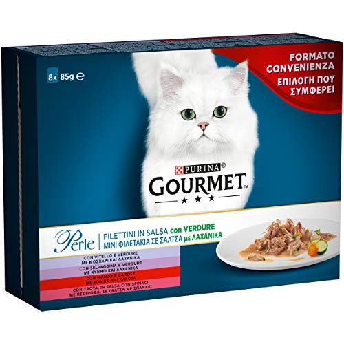 Purina Gourmet Perle Umido Gatto Filettini in Salsa con Verdure con Vitello, Selvaggina, Manzo, Trota, 8 Buste da 85 g Ciascuna, 1 Confezione da 8, 85 g