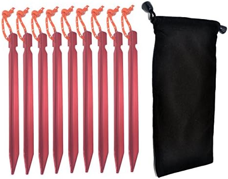 10pcs 18cm Aluminum Alloy Camping Tent Stakes Pegs, Floor Mats Beach Sand Tent Stakes Pegs with Reflective Rope (Red)