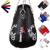 TurnerMAX Leather Pear Shape Maize Bag, Boxing Punch Bag, Filled, FREE Chain & Mitts (Black, 2Ft)