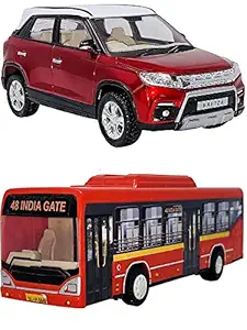 PRIYVI Combo of Pull Back Action SUV Brezza with Low Floor CNG City Bus Model Toy Car for Kids and Boys (Color May Vary)