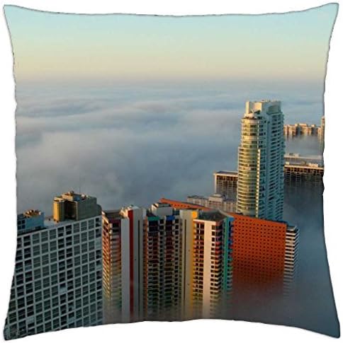 Morning Fog Over Brickel Avenue Miami,Florida - Throw Pillow Cover Case (16" x 16")