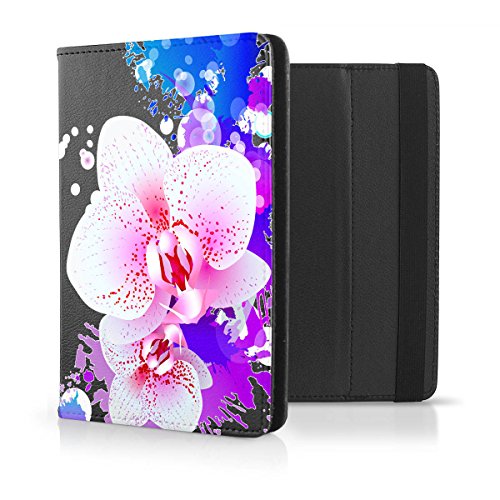 OOH!COLOR® Schwarz UNIVERSAL Tablet Tasche für jeden 10 Zoll Bildschirm Tablet mit NFL002 Orchidee Rosa Blume Motiv Hülle Kunstleder Muster Flip Case mit Standfunktion