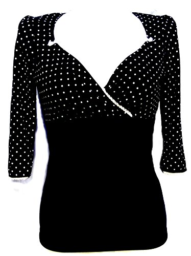 Black & White Polka Dot 3/4 Sleeve Pin Up Girl Top With Bows - Size 10 12 14 16 - Rockabilly Tattoo Retro Blouse (UK 10/12)