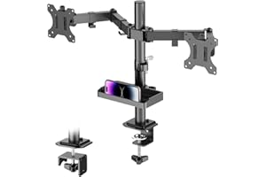 FORGING MOUNT - Supporto doppio per monitor con ripiano portaoggetti per 2 monitor da 13"-27", altezza regolabile, girevole, inclinabile, rotante, con VESA 75/100 mm