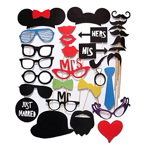 31 Stück teilig Fotorequisiten Hochzeit Photo Booth Requisiten Dekorationen Photo Booth Requisiten Valentinstag Verkleidung Karneval Fasching Brillen Brille Hut Hüte Mickey Brillen Brille Krawatte Fliege Schlips Pfeife Bart Bärte