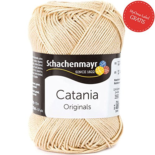 Catania Wolle – 1 Knäuel Schachenmayr Catania sand (Fb 404) mit GRATIS MyOma Label – beige Baumwolle Catania Schachenmayr Set – Schachenmayr Wolle zum Häkeln / Schachenmayr Wolle zum Stricken