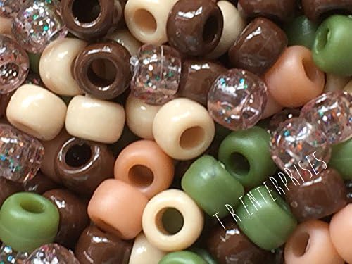 50 PONY BEADS 6x9mm Hair Dummy Bracelets Loom Bands CAMO Mix Brown Khaki Bone