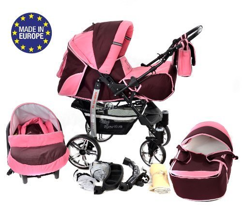 3-in-1 Travel System incl. Baby Pram with Swivel Wheels, Car Seat, Pushchair & Accessories, Dark Red & Pink