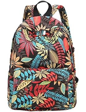 YuanDian Mädchen Teenager Bunt Blätter Drucken Canvas Casual Schulrucksack Schultasche Outdoor Reise Rucksack...