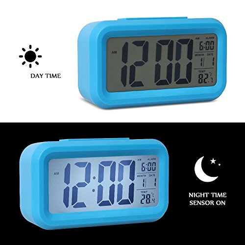 Bosdontek Smart LED-Digital-Wecker Snooze 5 Minuten, bald aufhören Alarmknöpfe, mit Datum, Temperatur-Sensor-Licht (blau) - 2