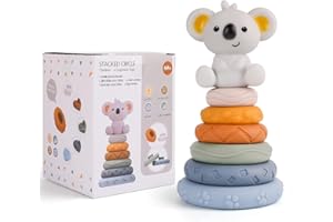 ABOVE ZERO 7 Pezzi Giocattoli impilabili con Anelli, Giochi Dentizione Neonato 6 Mesi, Montessori Giochi Giocattoli, Cerchio di nidificazione con Forma Koala per 6 12 18 Mesi Bambine Bambini
