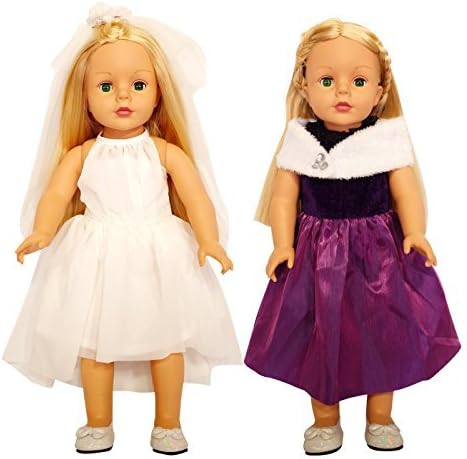 5-Pcs Purple Pricess Dress and Wedding Dress with Handbag for 18 inch Girl Baby Doll Bride Clothes