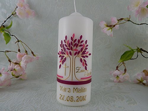 Patenkerze Lebensbaum gold brombeere handmade Wachs Taufkerzen für Junge Mädchen 150/60 mm mit Name und Datum - 2
