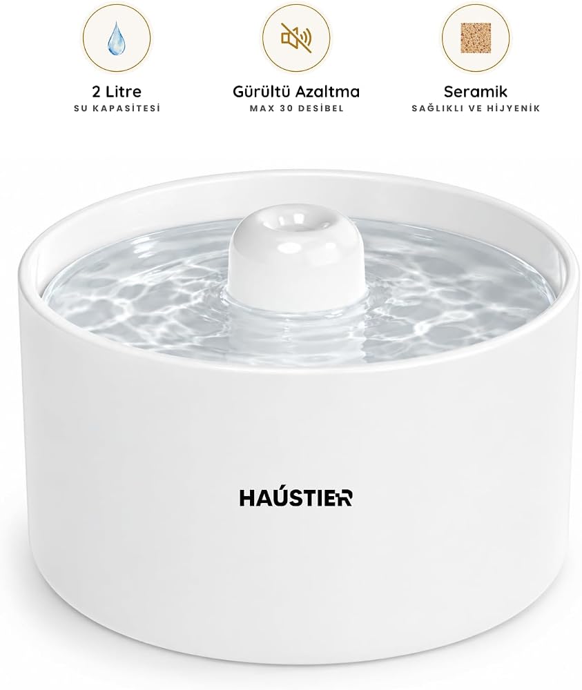Haustier WF013 Seramik Otomatik Kedi Su Sebili,Kedi Su Çeşmesi, Su Pınarı 2Lt Geniş Hazne, Ultra Sessiz, Çok Katmanlı Filtrasyon, Seramik Tasarım [Enerji Sınıfı A+]
