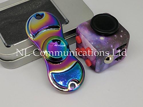 NEW Design Fidget Spinner + Fidget Cube COMBO - (Rainbow Aluminium Double heavy Fidget Spinner + Limited Edition Galaxy Fidget Cube With RED Buttons) - B-CREATIVE 2017 Premium Fidget Spinner 1-3 MINUTES + Free Presentation Tin and Carry Case, ~~~ACTUAL UK SELLER~~~ UK FAST