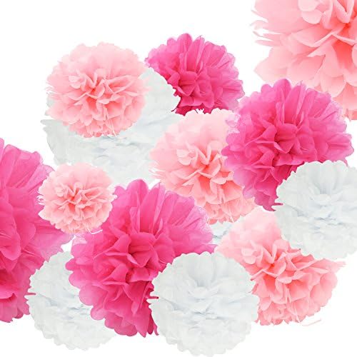 24pcs Craft Paper Tissue Pom Poms, Doubletwo Ceiling Decor Wall Decor; 12in 10in 8in Hanging Paper Pom-poms Flower Ball Wedding Party Outdoor Decoration Flowers Craft Kit (Pink White)
