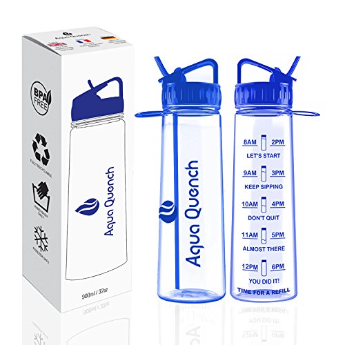 Aqua Quench Motivational Sports Water Bottle 900ml with Goal Tracking Time Markings - BPA Free; Non Aqua Quench Motivational Sports Water Bottle 900ml with Goal Tracking Time Markings - BPA Free; Non