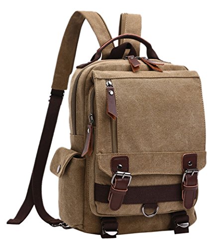 Feoya - 2 en 1 Sac à Main/Dos/Bandoulière/Epaule avec Bretelles Réglables Multi-Poches pour Homme Femme Etudiant Sac de Loisirs/Randonnées/Ecole Cartable en Toile avec Zippe - Kaki