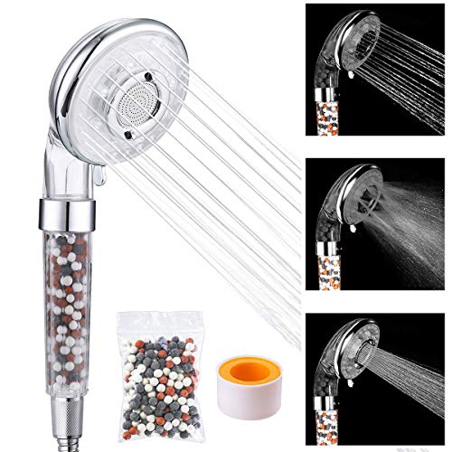 Pommeau de douche anti calcaire, 3 Modes Réglables Douchette, Haute Pression Economie d'Eau Minerales Ion Filtre Anti Chlore