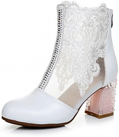 Spring and Summer Leather Lace Flower Net Cool with a Thick High-Heeled Fish Mouth Sandals Sexy Single Boots,White,35