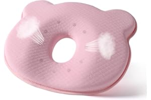 WUSDAYER Flat Head Baby Pillow,Memory Foam Baby Pillows,Soft Toddler Pillow for Newborn Prevent Flat Head,Skin Friendly Cotton Pillowcases,Flat Design Bear Shape Comfor Support Suitable for Travel (Pink)