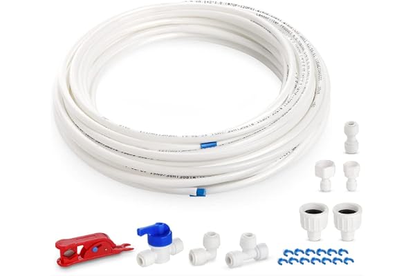 1Plusselect 15 m vatteninloppsledning, universell anslutningssats med slangklämma för kylskåp sida av sidan. Kylskåpsslang, omvänd osmos system dricksvatten, vattenslang 6,35 mm (1/4 tum)