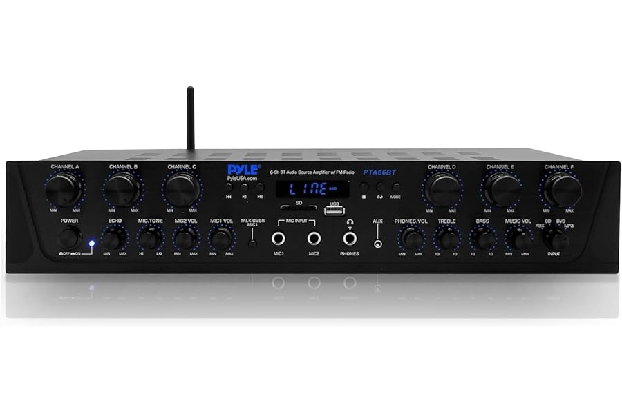 Pyle Bluetooth Amplifier Hifi - 600W Karaoke Mini Amp Wireless, 6 Channel Hi Fi Amplifier Stereo AV Receiver & Amplifiers w/Digital LCD, Headphone Jack, 1/4'' Microphone IN USB SD AUX RCA FM Radio