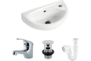 TRADE IN POST Small Compact Tiny Bathroom Cloakroom Basin Sink Wall Hung Curved with Fixings, tap, Waste, and Trap