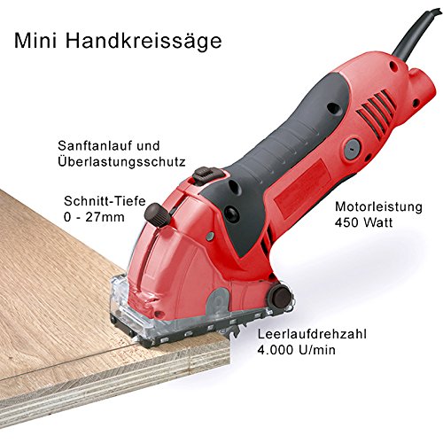 Batavia Mini Handkreissäge Tauchsägen Set - 450W - mit 9 teiligem Zubehör im praktischen Koffer (max. 27mm - 24 TCT Blatt, 2x Diamantblatt, 2x HSS Blatt, Parallelanschlag, Adapter, Koffer)