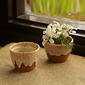 ExclusiveLane Melting Glaciers Outdoor Garden Decorative Living Room Ceramic Planter (10.7 cm x 10.7 cm x 8.1 cm, Brown and Beige, Set of 2)