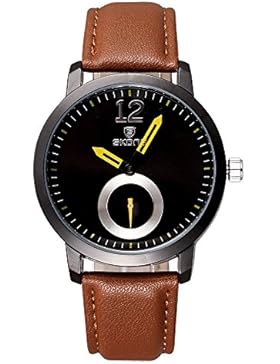 Skone Herren Armbanduhr minimal Quarz Lederband schwarz braun gelb