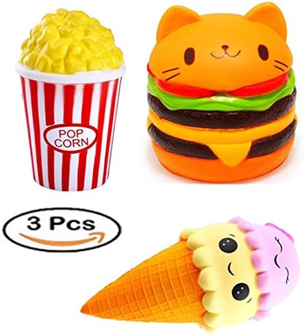 life hall Jumbo Squishies Slow Rising 3 Pcs Cat Hamburger Ice Cream Popcorn For Boys And Girls Sweet Scented Stress Relief Toy