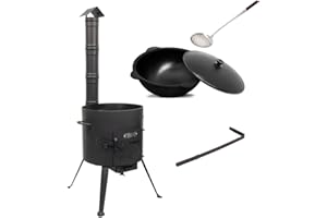 RUKAUF SET Kukmara Utschak mit Abzugs-Rohr, 40cm + 12 Liter Gusseisen Kazan INNEN GLATT + 50cm Schaumlöffel - Feldküche, Gulaschkessel Feuerkessel Feuer-Ofen Outdoor für Kazan Kasan 12L