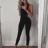 Longwu frauen ärmellose bodysuit schulterfreien rückenfrei elastischen eng anliegende sexy overall Schwarz-M -