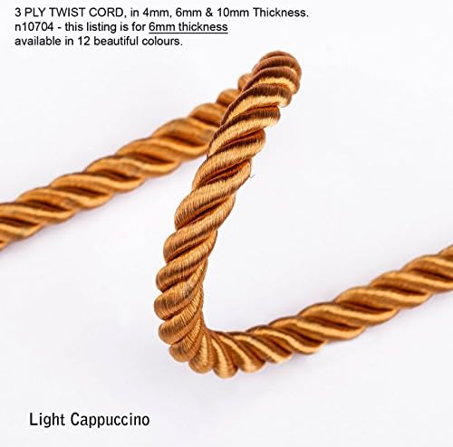 Neotrim 6mm Barley Twist Rope Cord Trimming, Braided, For Piping or Edging, Home Décor. High Sheen Viscose, Prominent 3 Ply Twist Look, with 12 Stunning Colours to Choose From - Light Cappuccino-4 mts