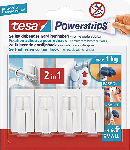 Preisvergleich Produktbild Tesa Powerstrips- Vario - Gardienenhaken weiß, Set: 4 Haken, 6 Strips
