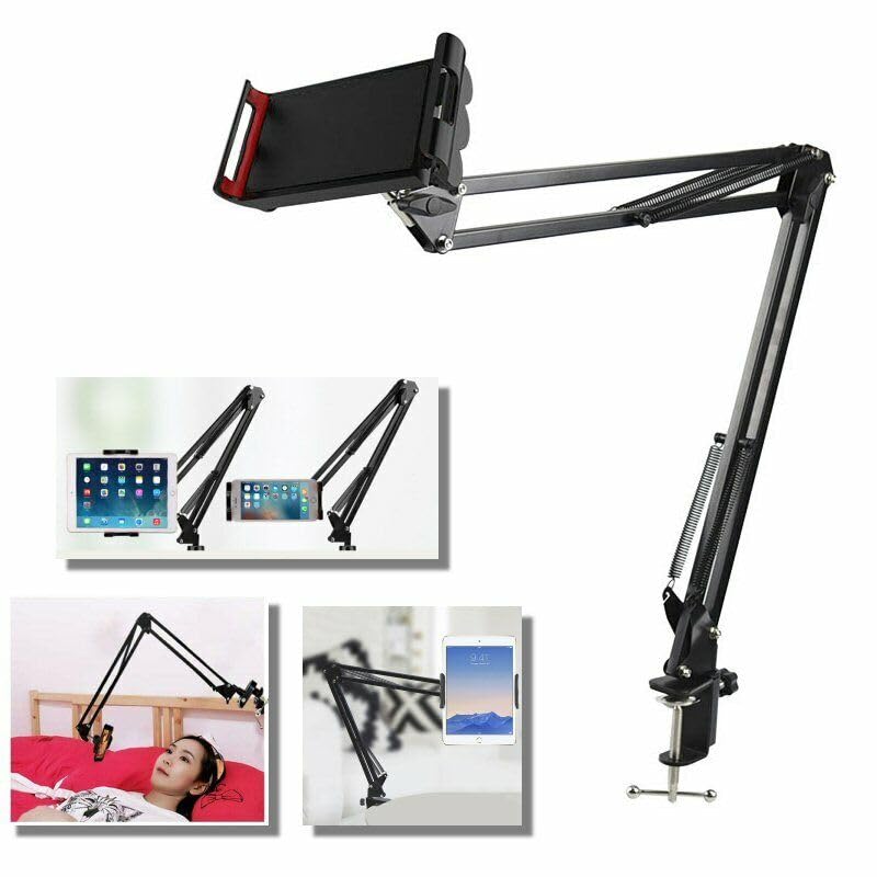 TJOM Foldable Cell Phone Tablet Arm Mount for Desk & Bedside, Adjustable Long Arm Tablet Stand for All 4-12.9 inch Smartphones & Tablets Clamp Clip for Apple iPhone/ipad Mini/ipad Air/Galaxy