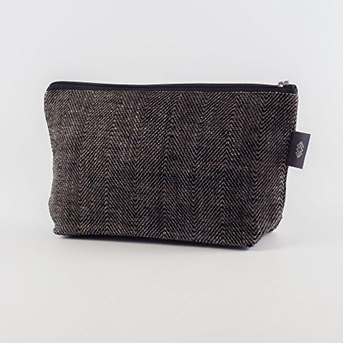 Handmade Black Canvas Cosmetic Bag - 100% Linen Flax Fabric Travel Pouch Herringbone Makeup Purse Pencil Brush Case | by ThingStore