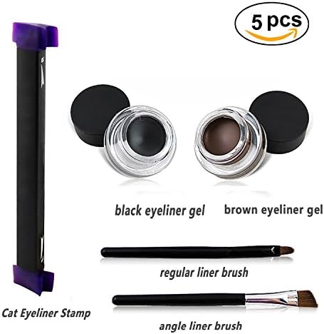 Gel Eyeliner Set Ealine Eye Liners Kit Winged Eyeliner Stamp with 2 in 1 Brown and Black Eyeliner Makeup Cosmetic Eyeliner Cream and Eyebrow Brushes Professional Reusable Long Lasting Eye Liners Seal Tool Easy to Makeup Eye Wing (Set of 5)