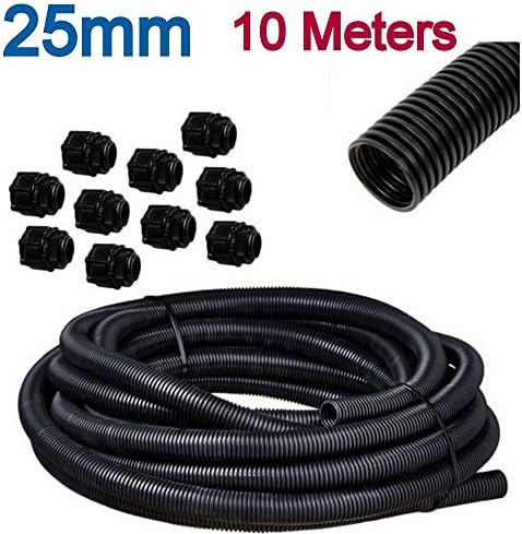 10 Meters 25mm Flexible Black Corrugated Conduit Contractor Pack Cable Sleeving Pipe Liquid Resistant PVC 25mm Diameter + Adapter Fittings Co-extruded rigid