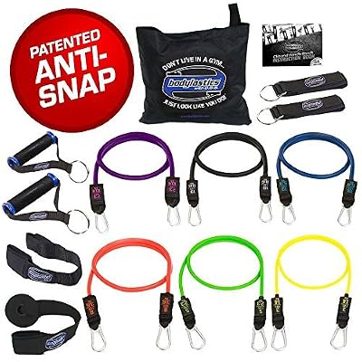 Bodylastics kit de 14 pièces - 6 Bandes de Résistance avec 2 poignées, 2 courroies de cheville robustes, 1 ancre de porte, 1 petit ancre universel, sac de transport et 1 manuel d'utilisation.