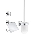 GROHE Start Cube 3-in-1 Toilet Accessories Set - Toilet Roll Holder, Toilet Brush, Robe Hook (Metal and Glass, with Screws and Dowels), Extra Easy to fit with GROHE QuickGlue, Chrome, 41123000