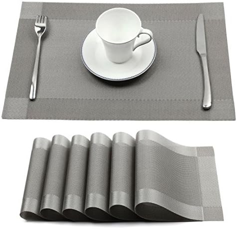 sumuya Table Mats, Dining Table Place Mats Washable Placemats Stain Resistant Anti-skid Silver Placemats for Kitchen and Dining Room Set of 6 Grey