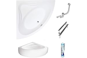 ECOLAM Baignoire d'angle symétrique Mia 140x140cm + tablier | pieds siphon silicone | Belle forme | Set complet