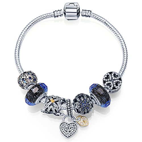 MANBARA Bracciale Charm Braccialetto da Donna Ragazza 925 Argento Sterlina, Cuore Pendente, Perline di Vetro, con Scatola, Regalo per Compleanni Natale