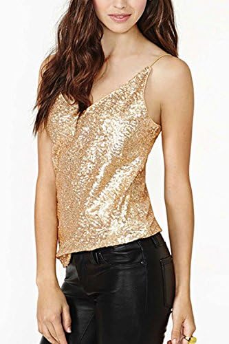 Zamtapary Women Sleeveless V Neck Paillettes Sequins Bright Straps Tank Top Golden M