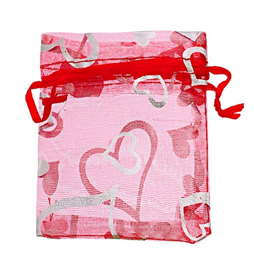 Housweety Organzasaeckchen Geschenkbeutel Beutelchen Hochzeit Beutel Samtbeutel Tasche Herz Rot+Silber, 7cm x9cm - 3
