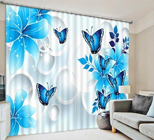KKLL Curtains 3D Blue Butterfly Flowers Visual effect Printing Polyester Fabrics Blackout Home Decor Window drapes Bedroom Panel , wide 3.2x high 2.7