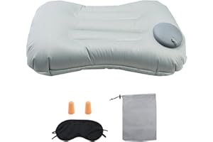 PEACEKING Almohada Hinchable de Camping, Cojin Inflable de Viaje, Almohada Reposacabeza con Máscara para los Ojos y Tapones de Oídos para Playa Camping Viaje Oficio(Gris)